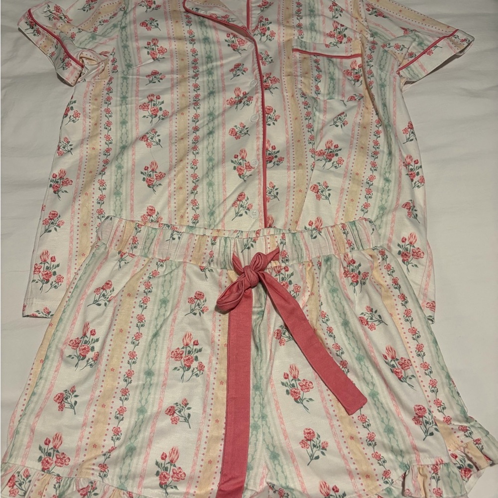 Floral Stripe Cotton Pajama Set with Pink Trim